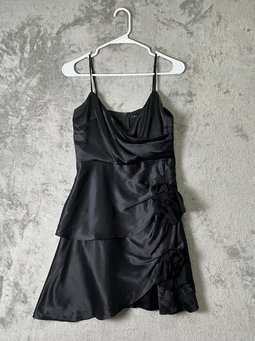 Betsey Johnson Black Satin Ruched Mini Dress Cowl Neck Spaghetti Strap Size 4